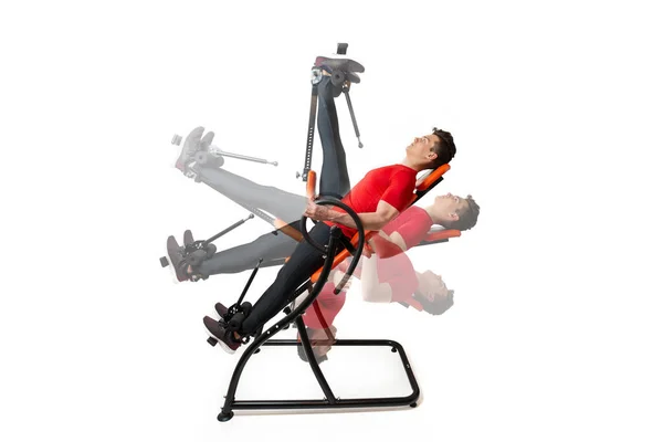 Man Doing Exercise Inversion Table His Back Pain Isolate — Stock Photo, Image