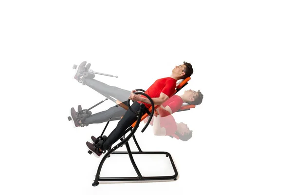 Man Doing Exercise Inversion Table His Back Pain Isolate — Stock Photo, Image