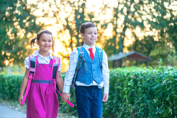 Kleine Klassenkameraden Halten Sich Auf Dem Schulweg Der Hand — Stockfoto