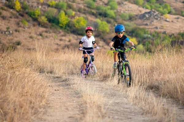 在美丽的秋天 快乐的男孩和女孩在秋天的公园里骑自行车玩得很开心 戴自行车头盔的积极儿童 — 图库照片