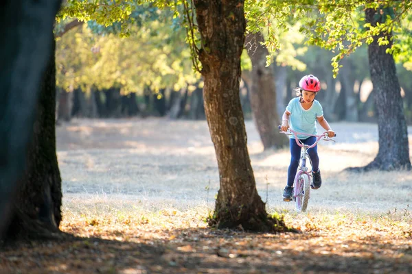 Liten Flicka Med Cykling Vid Solnedgången — Stockfoto