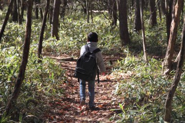 Japon çocuk uzun bir yürüyüş üzerinde (birinci sınıftan ilköğretim okulunda)