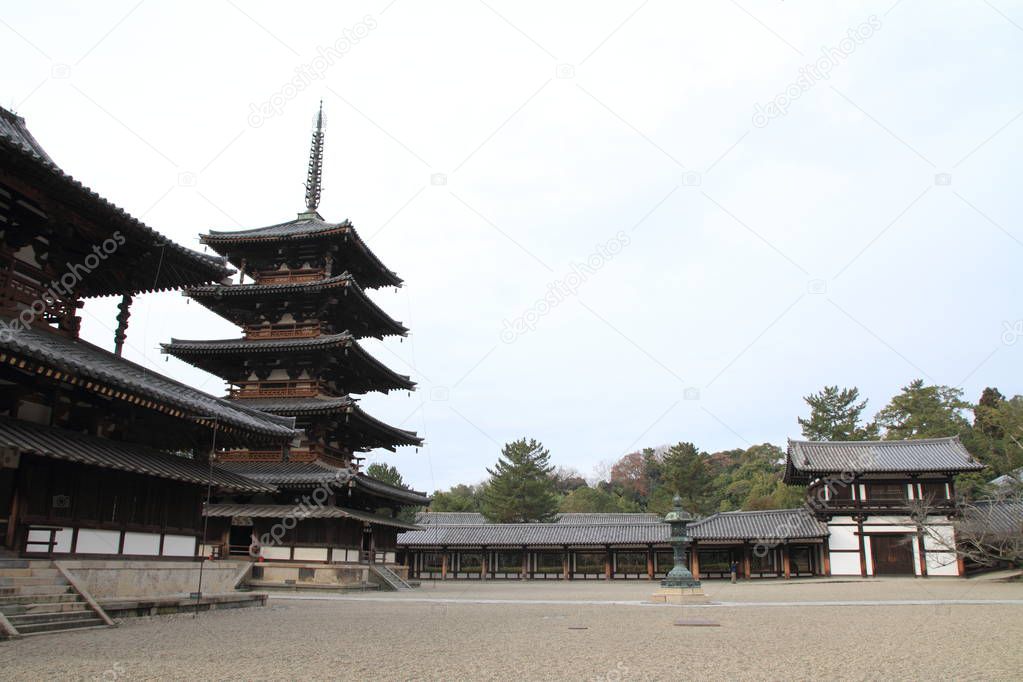 five-story pagoda and main hall of Horyu ji in Nara, Japan