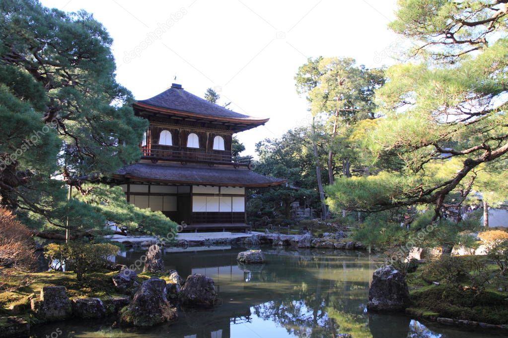 Silver Pavilion and pond of Ginkaku ji in Kyoto, Japan