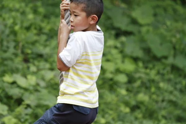 Japanese boy playing with flying fox (second grade at elementary school)