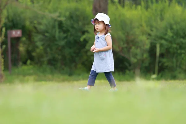 (2 歳草の上歩く日本人の女の子) — ストック写真