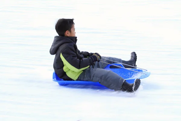 Japanese boy on the sled (second grade at elementary school) — Stock Photo, Image
