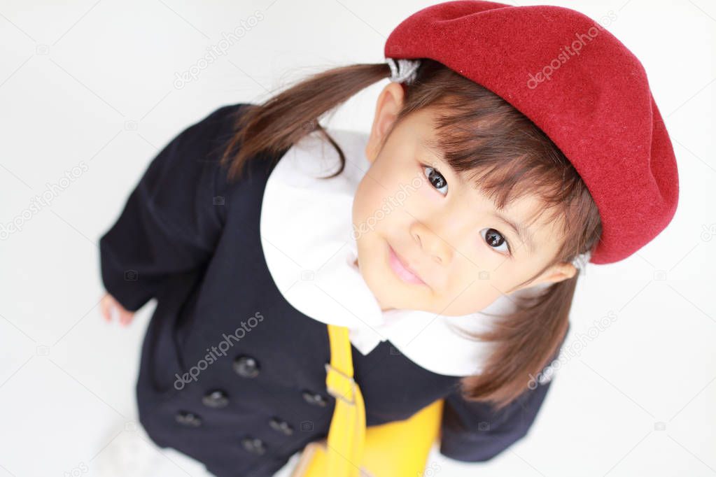 Japanese girl in kindergarten uniform (3 years old) (high angle)