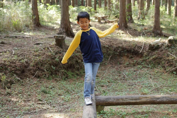 Японский мальчик на бревне (третий класс начальной школы ) — стоковое фото