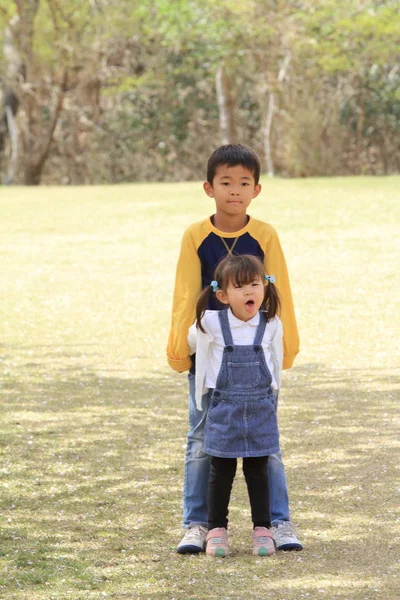日本の兄と妹 (8 歳の男の子と 3 年古い女の子の草の上に立って) — ストック写真