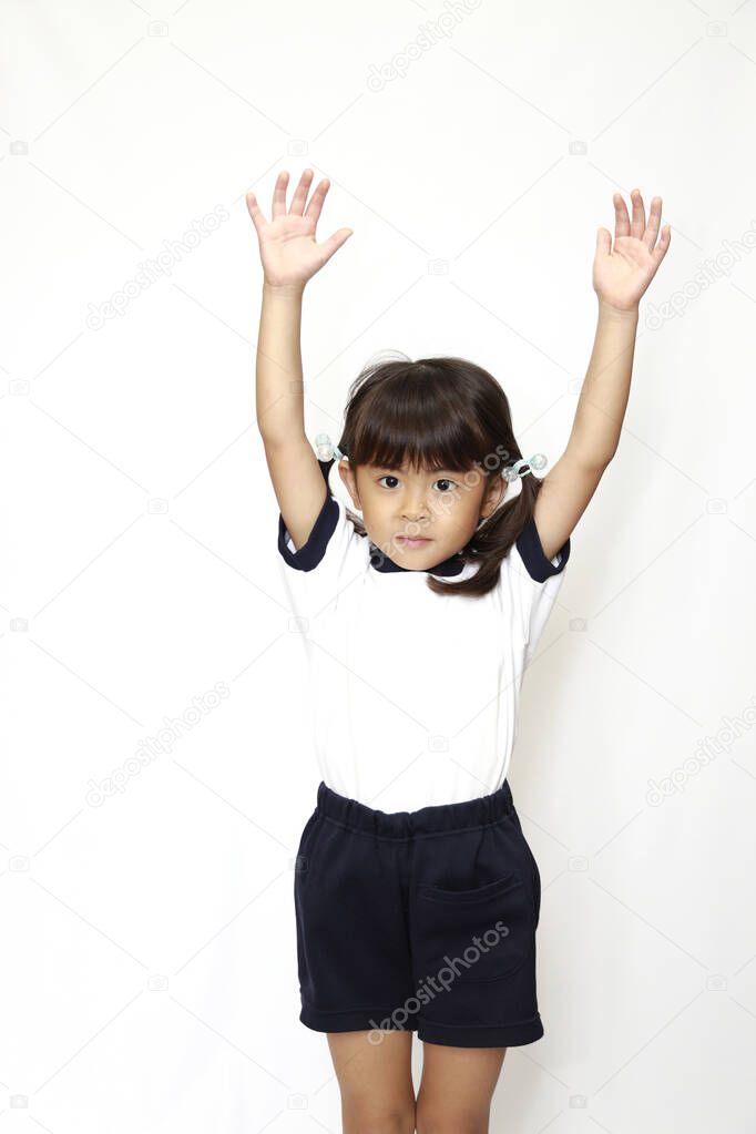 Japanese girl grasping hand in sportswear (4 years old) (white back)