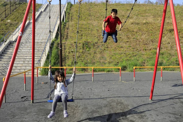 Japanisches Geschwisterpaar Auf Der Schaukel Jähriger Junge Und Jähriges Mädchen — Stockfoto