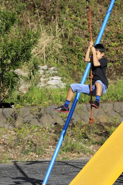 Ragazzo Giapponese Che Gioca Con Volpe Volante Quarta Elementare — Foto Stock