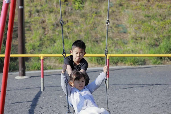 Japanese Sister Swing Brother Pushing Her Back Years Old Boy — Stock Photo, Image