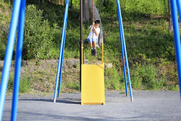 飛ぶ狐と遊ぶ日本人少年 小学校4年生 — ストック写真