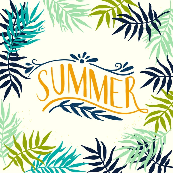 Inscription summer with palm leaves — Stock Vector