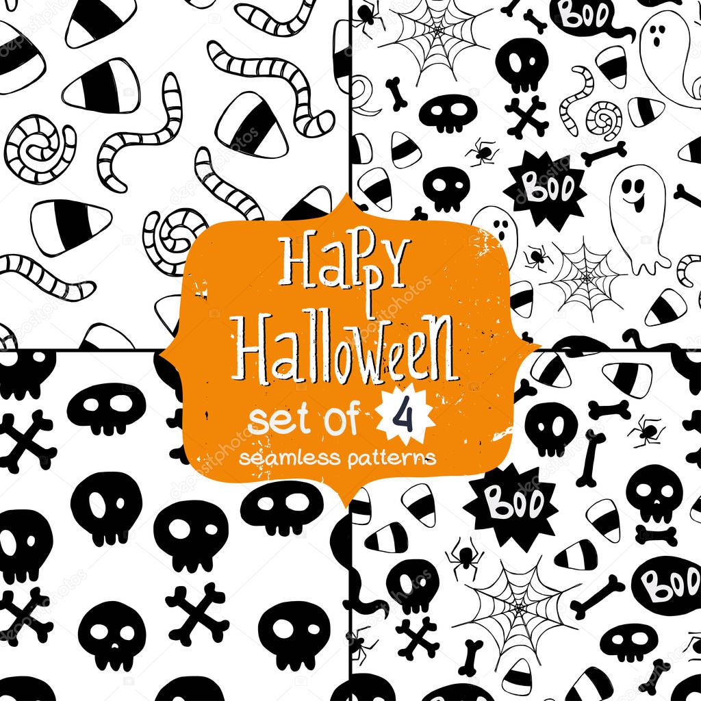 Mod¨les sans soudure de doodles halloween Fond de carrelage enfantin avec des fant´mes spooky cartoon cr¢nes OS cors araignée et bonbons — Vecteur par