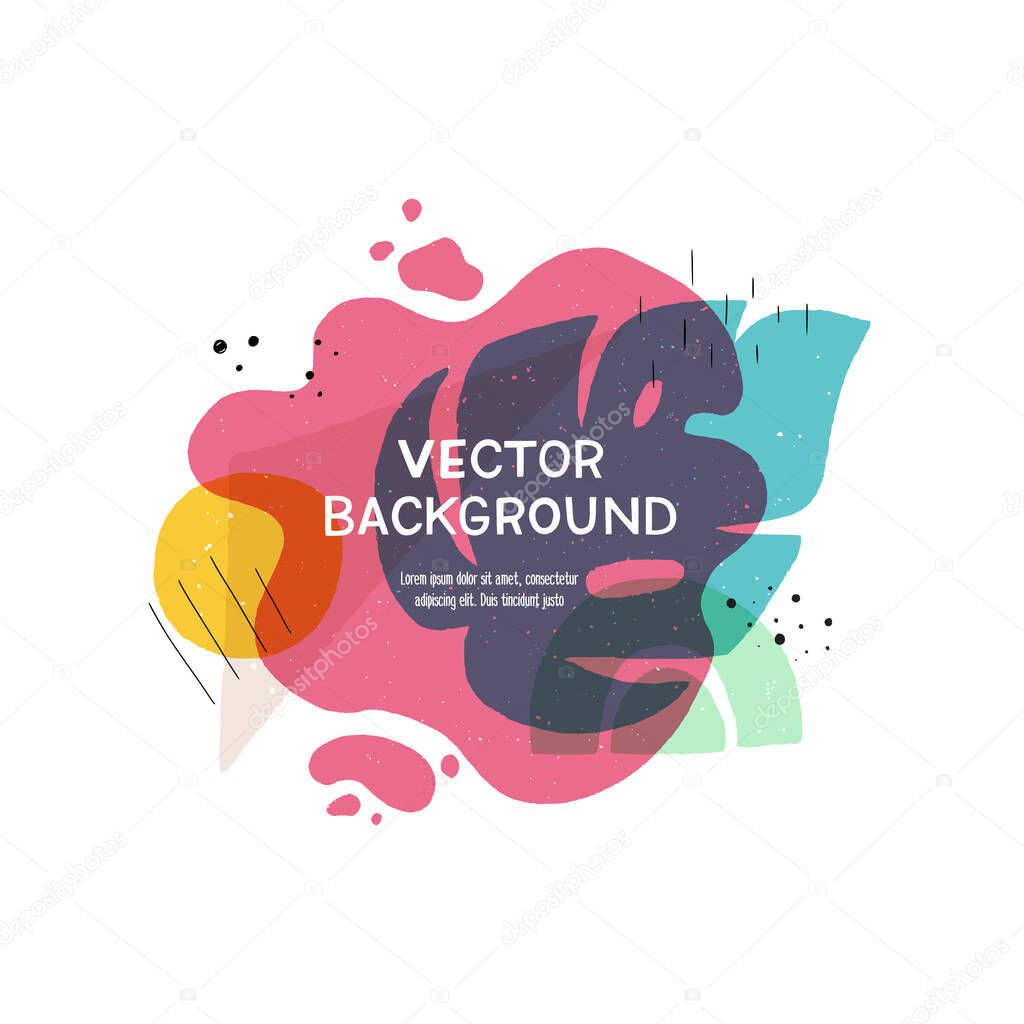 Modern liquid shapes layout with hand drawn elements. Floral motif abstract banner with copy space. Overlapping tropical leaves and simple shapes template for cover, apparel, blog, newsletter, vlog