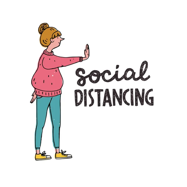 Schriftzug Social Distance Handgezeichnete Zeichentrickfiguren Halten Abstand Der Öffentlichkeit Der — Stockvektor