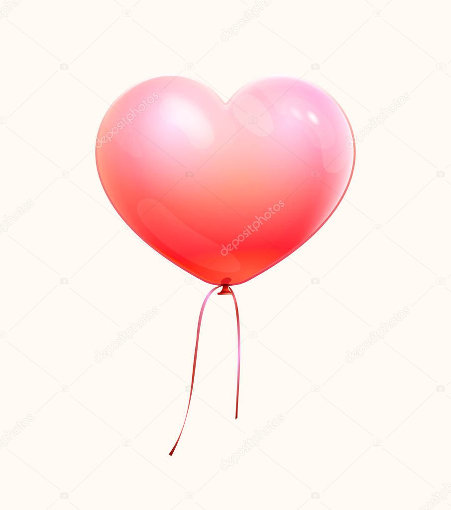 Valentines day card. Love symbol. Single red shiny heart icon, shape and label. 3D abstract balloon isolated on white. Graphic for birthday or wedding designs . Vector illustration. EPS10
