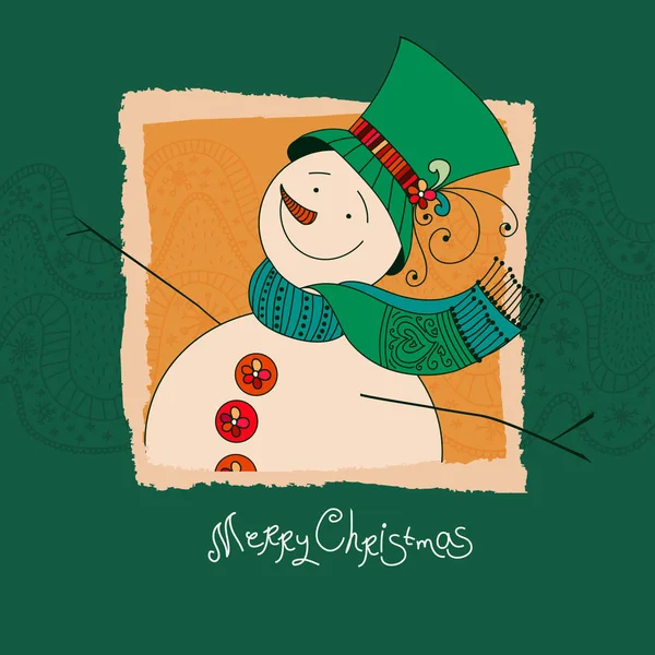 Tarjeta de felicitación de Navidad, fondo, cartel con muñeco de nieve lindo sobre fondo decorativo. Ilustración vectorial. EPS 10 — Vector de stock