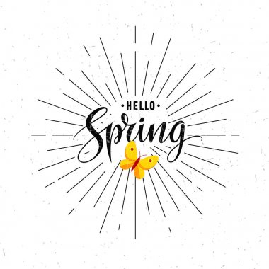 Vintage bahar tipografi güneş ışınları ile yazı. Siyah ve beyaz doğrusal geometrik bahar tasarımı öğesi üzerinde beyaz izole kelebek ile. Vektör çizim. EPS 10.