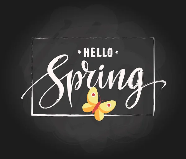 Hello Spring letterng typography on chalkboard texture with hand drawn frame and butterfly. Spring background design. Vector illustration. EPS 10 — Stock Vector