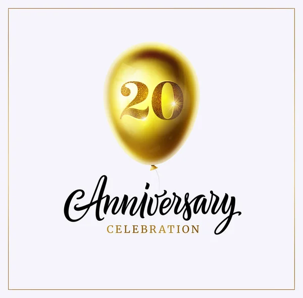 Logo ou fond de célébration de 20 ans. Jubilé. Ballon doré avec numéro vingt et texte lettré isolé sur blanc. Vecteur. Parfait pour logo anniversaire, invitation, bannière, carte ou affiche — Image vectorielle