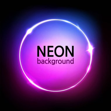 Neon çember arka planı. Parlak yuvarlak çerçeve. Pembe, mavi, mor renkli neon ışıklar. Soyut koyu tabela, duvar kağıdı ve afiş. Vektör illüstrasyonu.