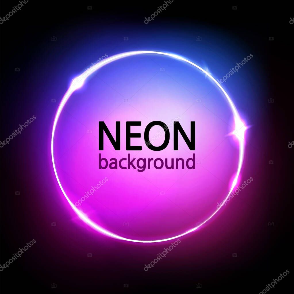 Neon circle background. Glowing round frame. Neon lights in pink, blue, purple vibrant colors. Abstract dark sign, wallpaper, and banner. Vector illustration