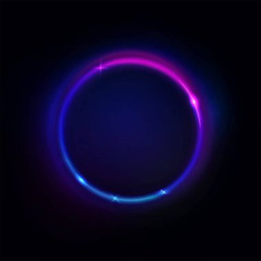 Parlak mor mor yuvarlak çerçeve. Vektör dairesi şekilli ışık işareti, koyu soyut arkaplan. Mor renk, ışık efekti, yüzük. Pankart için geleceksel illüstrasyon veya geometrik tasarım ögesi, imzala.