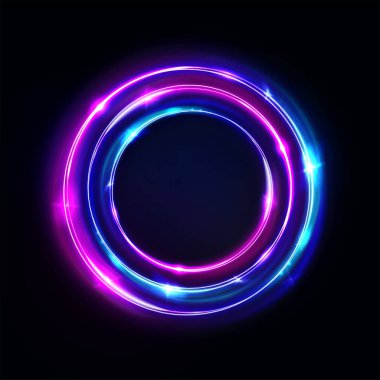 Soyut arka plan, parlayan neon ışıklar, yuvarlak portal. Vektör. Pembe mavi ve mor parlak yüzükler. Dairesel ışık çerçevesi, morötesi..