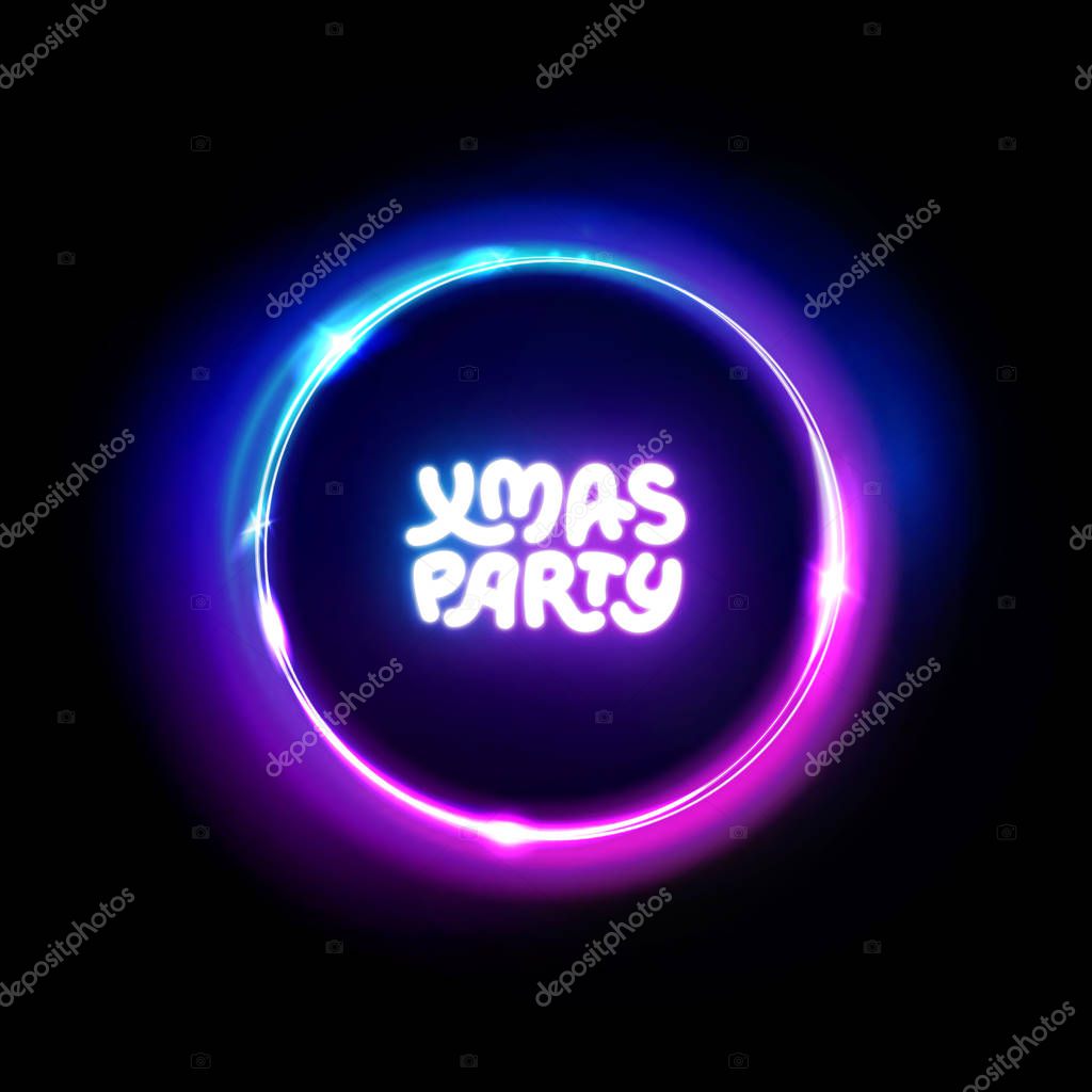 Xmas party neon sign. Light vector abstract background. Christmas party logo for night club, music club, bar, pab, casino. Disco. Vector illustration