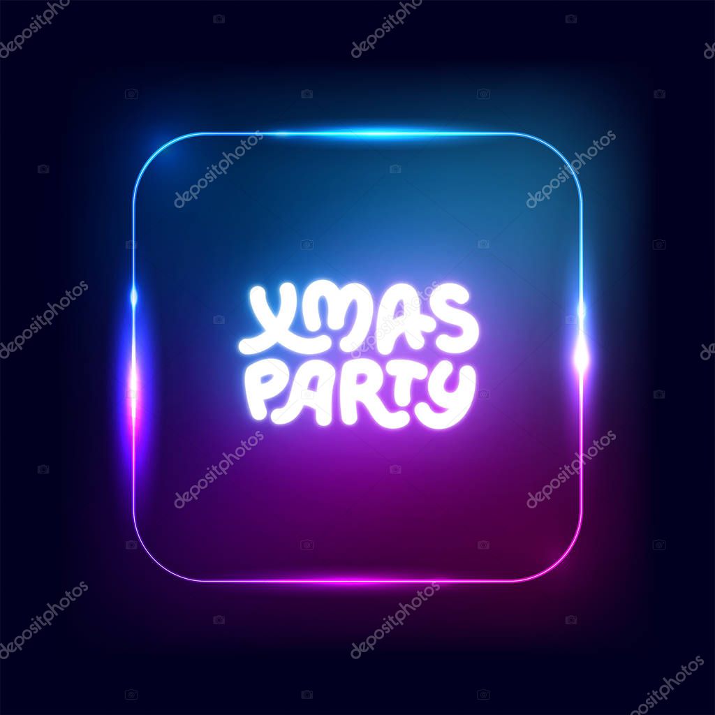 Xmas party neon square sign. Christmas lights border, garland, frame. Vector abstract background. Party logo for night club, music club, bar, pub, casino. Vector illustration for Noel, Navidad, Xmas.