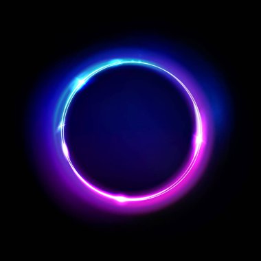 Neon dairesi işaret vektörü. Işık ve parlak yuvarlak çerçeve siyah arkaplanda izole edilmiş. Mor, menekşe, mavi ve pembe elektrikli parlak 3D dairesel portal, lazer, neon lamba pankartı..