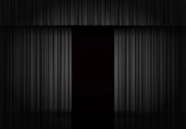 Fase de cortina preta fundo vetorial. Cortina de veludo escuro. Abra o cortinado. Cena de teatro, ópera, concerto ou cinema. Objeto 3d. Fase de cortina . —  Vetores de Stock