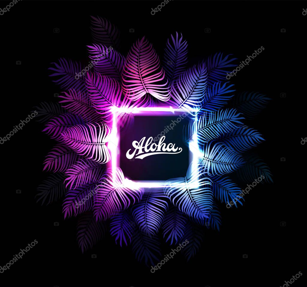 Aloha Hawaii vector background. Dark tropical summer party design with palm leaves, neon rectangle, aloha text. Hawaiian party. Exotic cyberpunk illustration for beach nightclub or dance club