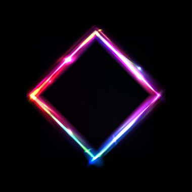 Parlak, işaret ve ışık arkaplanlı neon çerçeve. Rhombus. Logo ya da mesaj atmak için boş yeri olan gece kulübü tabelası. Vektör illüstrasyon, poster, gece partisi afişi. Arıza ve neon ışık efekti.