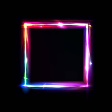 Parlak, işaret ve ışık arkaplanlı neon çerçeve. Kare. Logo ya da mesaj atmak için boş yeri olan gece kulübü tabelası. Vektör illüstrasyon, poster, gece partisi afişi. Arıza ve neon ışık efekti.