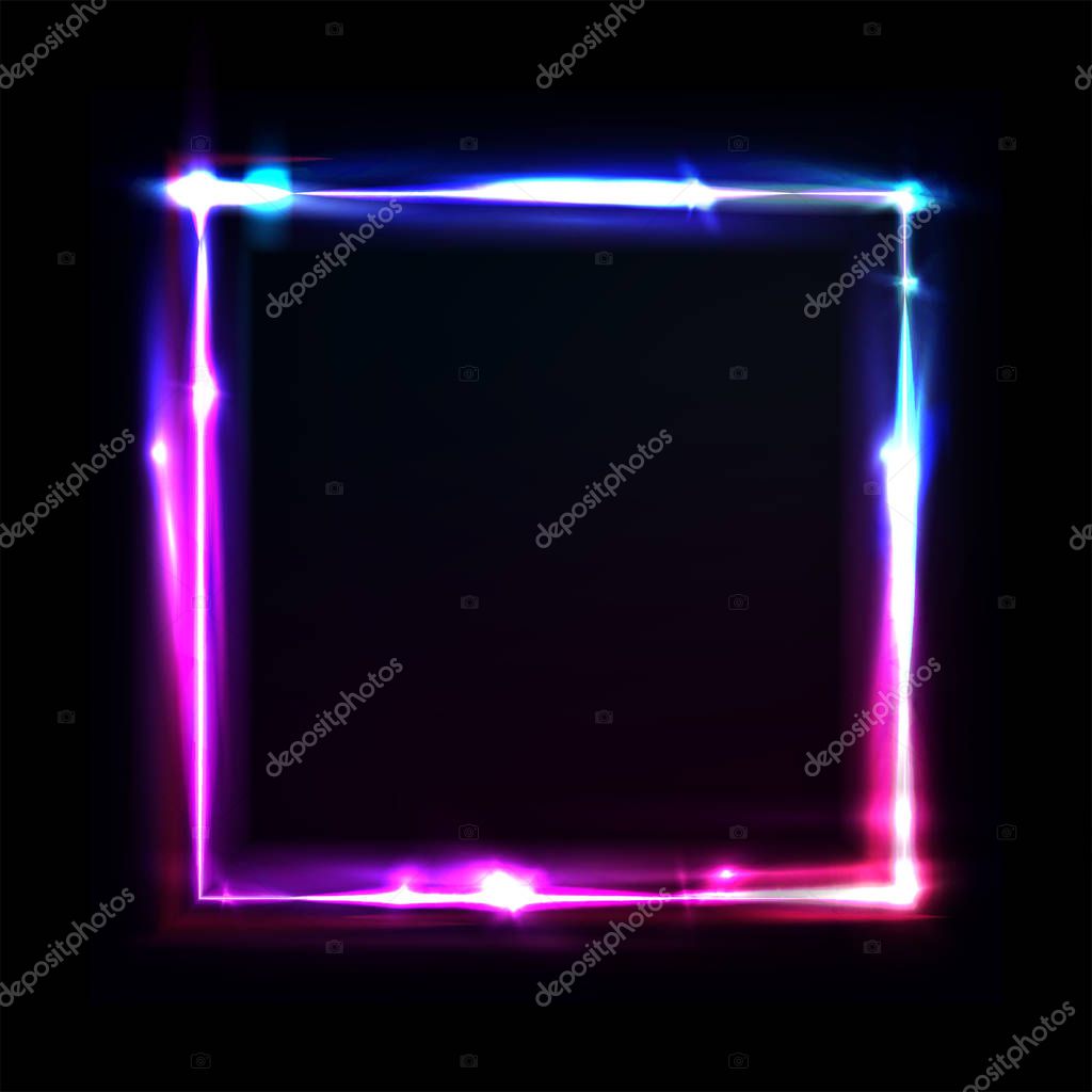 Neon frame with glow, sign and light background. Square. Night club signboard with empty space for logo or text. Vector illustration, poster, banner for night party. Glitch and neon light effect