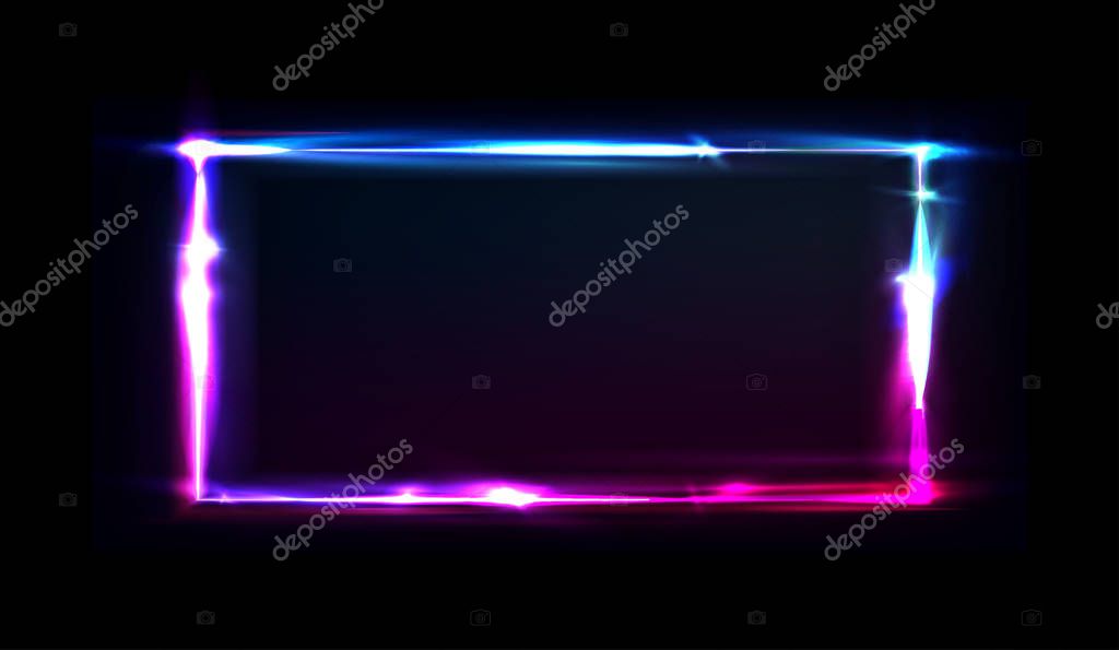 Neon frame with glow, sign and light background. Rectangle. Night club signboard with empty space for logo or text. Vector illustration, poster, banner for night party. Glitch and neon light effect