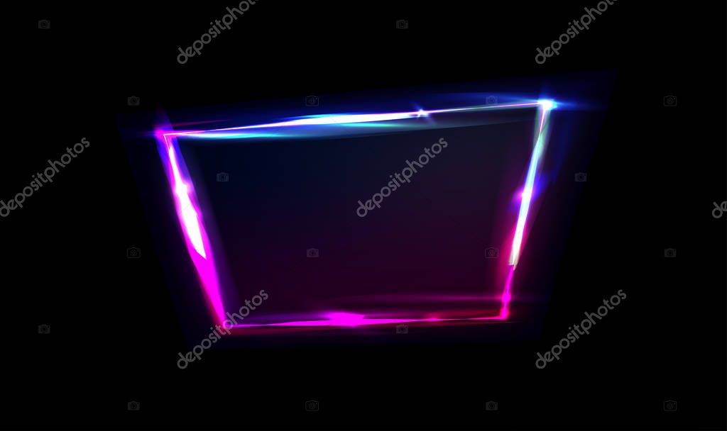 Neon frame with glow, sign and light background. Night club signboard with empty space for logo or text. Vector illustration, poster, banner for night party. Glitch and neon light effect, glare