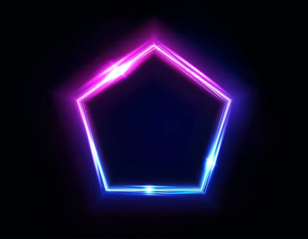 Neon pentagon frame or neon lights sign. Vector abstract background, tunnel, portal. Geometric glow outline pentagon shape or laser glowing lines. Abstract background with space for your text. — ストックベクタ