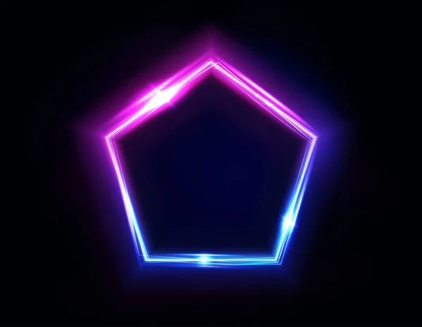 Neon pentagon frame or neon lights sign. Vector abstract background, tunnel, portal. Geometric glow outline pentagon shape or laser glowing lines. Abstract background with space for your text. — Stok Vektör