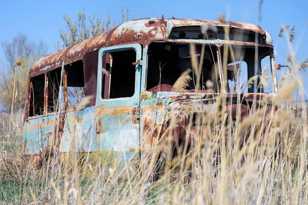 Oude en verlaten Sovjet-Russische bus in het midden van de Riet — Stockfoto