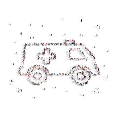 İnsanlar bir ambulansla yürüme. 3D çizim. 3D render.