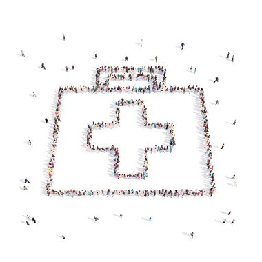 İnsanlar bir ilk yardım kiti. 3D çizim. 3D render.