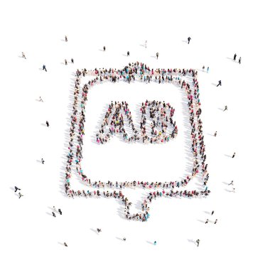 Bir damlalık içinde yürüyen insanlar. 3D render.