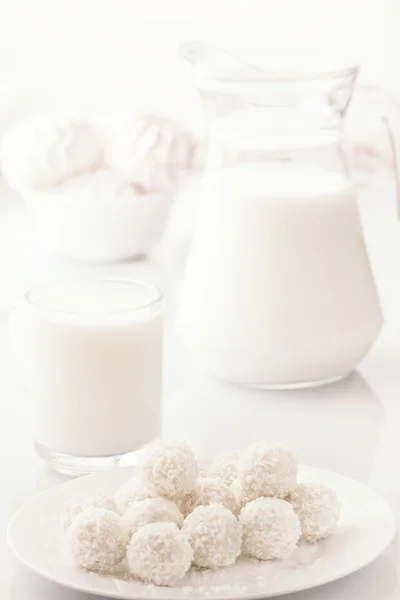 morning breakfast milk and candy. White background