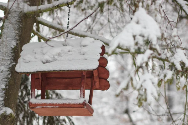 雪に覆われた木の背景にぼやけと雪に覆われた赤い納屋巣箱 — ストック写真